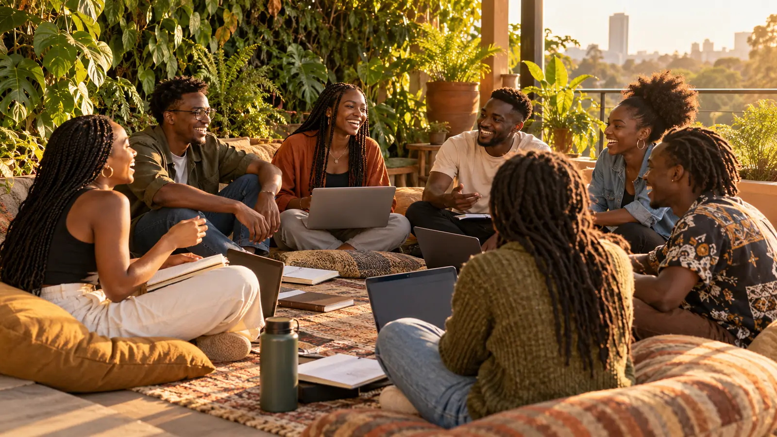 A study pod of learners working together around a table