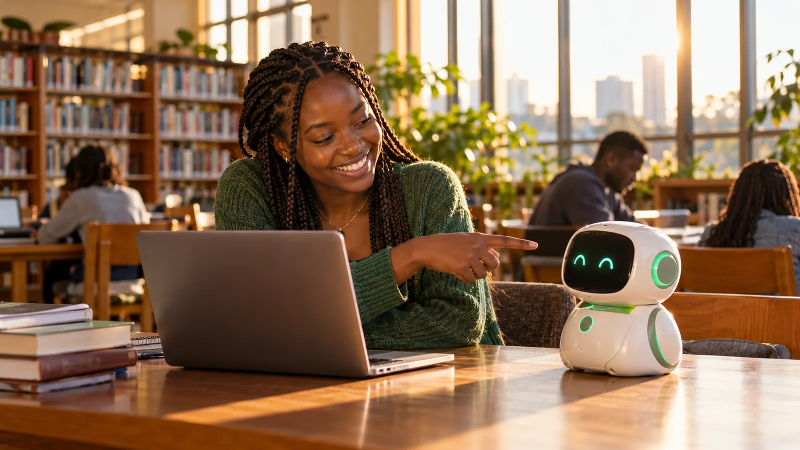 Illustration of learners working at a bright table beside friendly AI coach screens