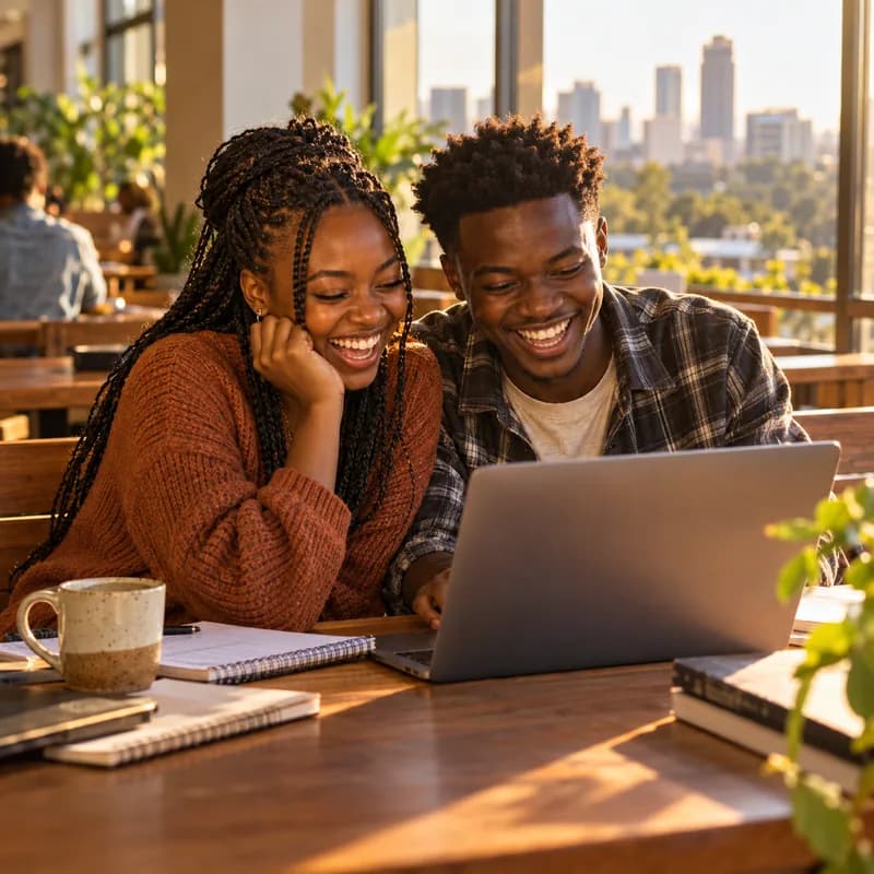 Two students laughing at a shared laptop