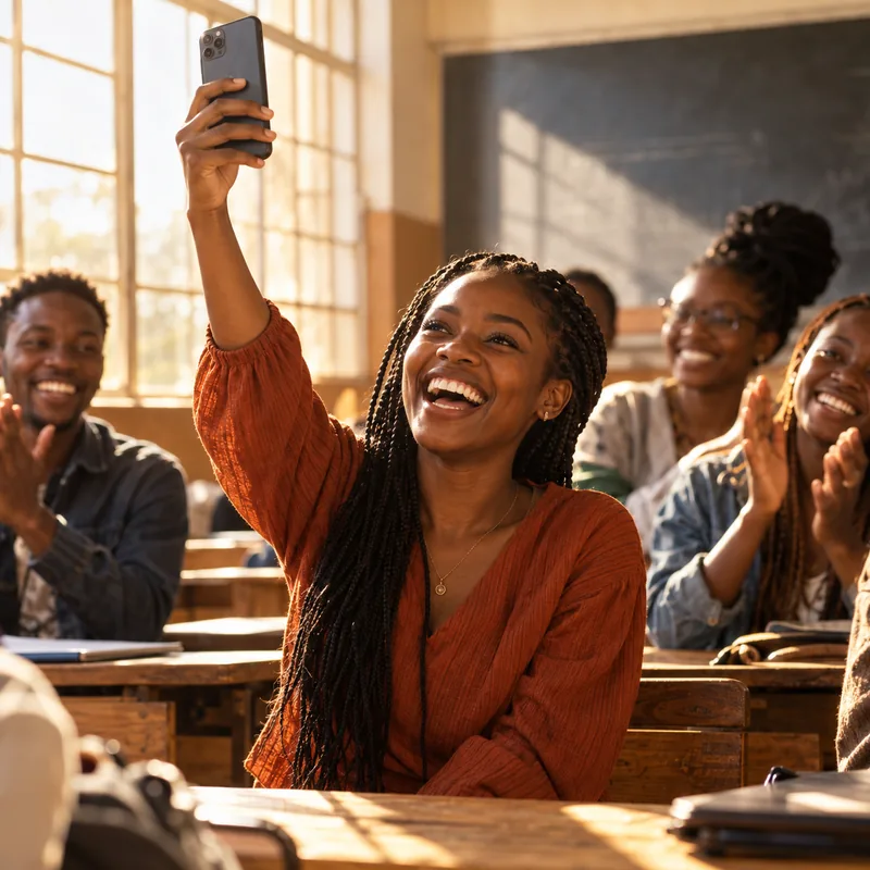 A learner celebrating with a raised phone