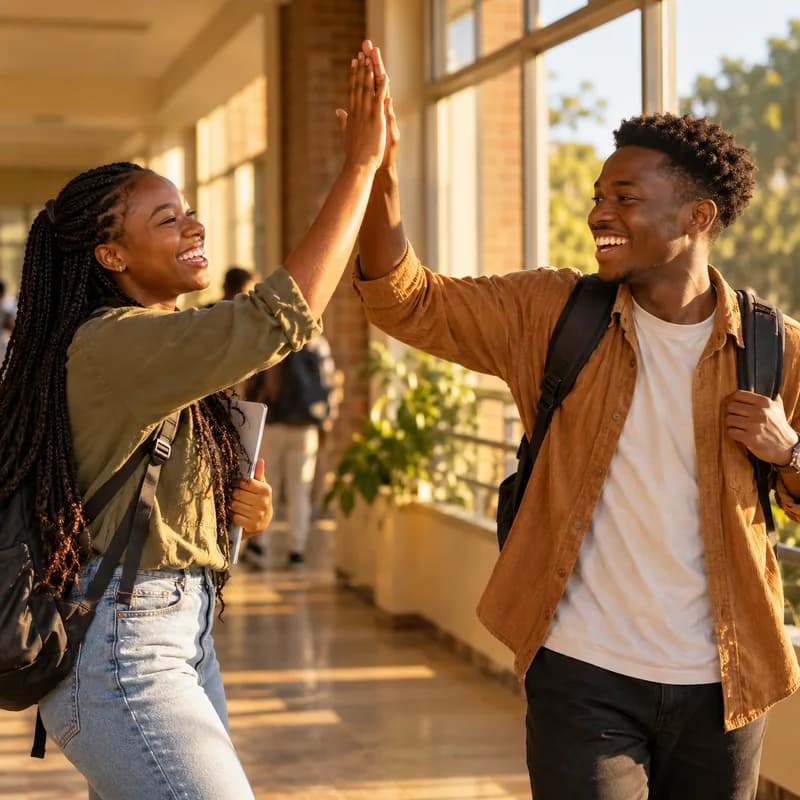 Two classmates high-fiving in a corridor
