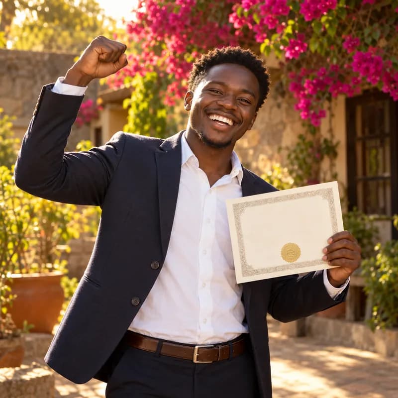 A learner holding up a certificate