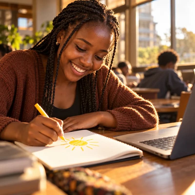 A student doodling a sun in a notebook