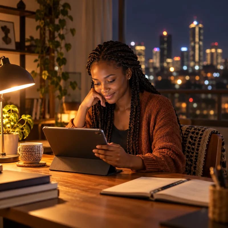 A learner studying under a warm lamp