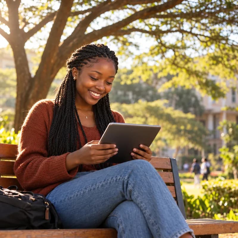A student reading on a bench in the sun