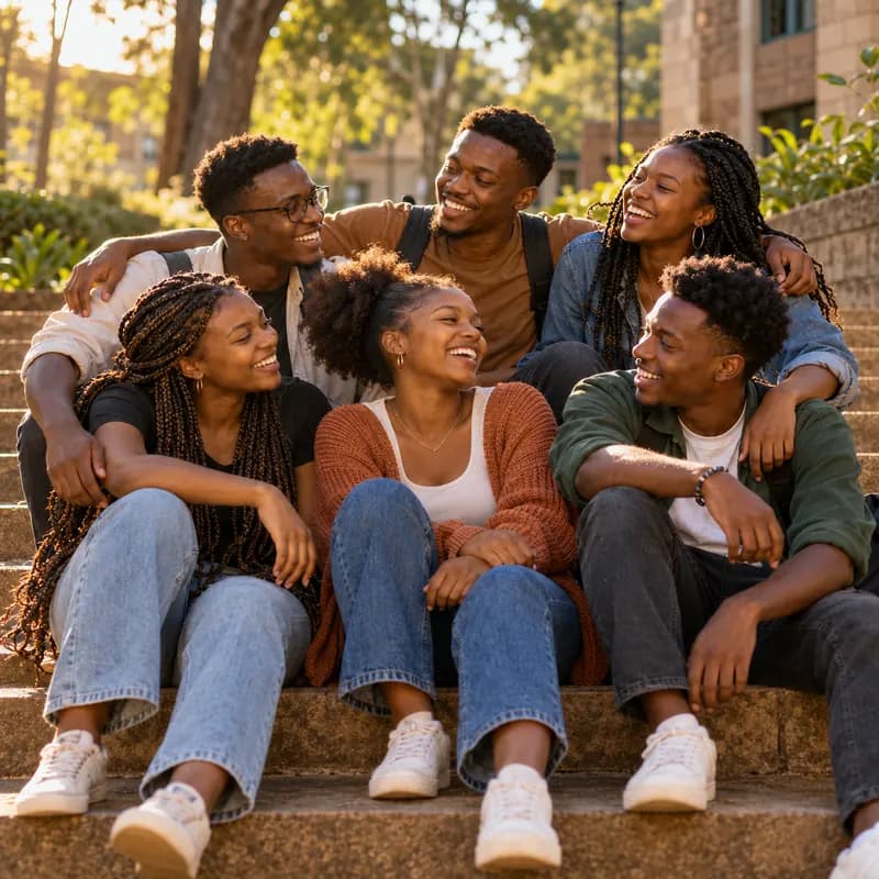Classmates laughing together on campus steps