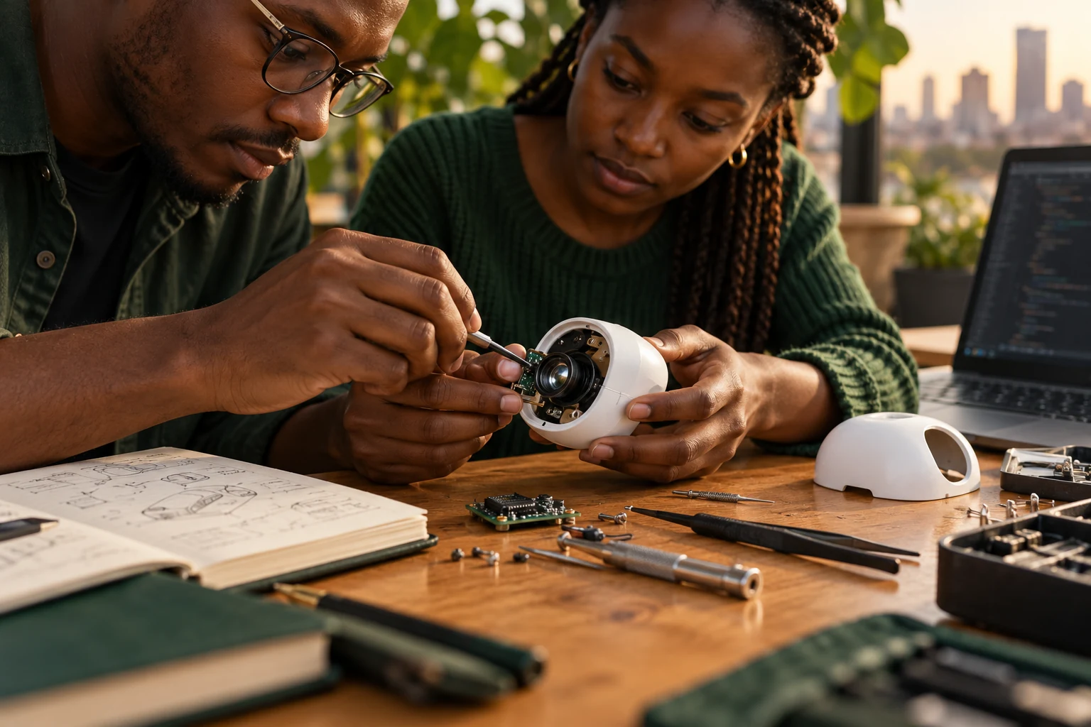 Editorial concept: hands prototyping a portable health device