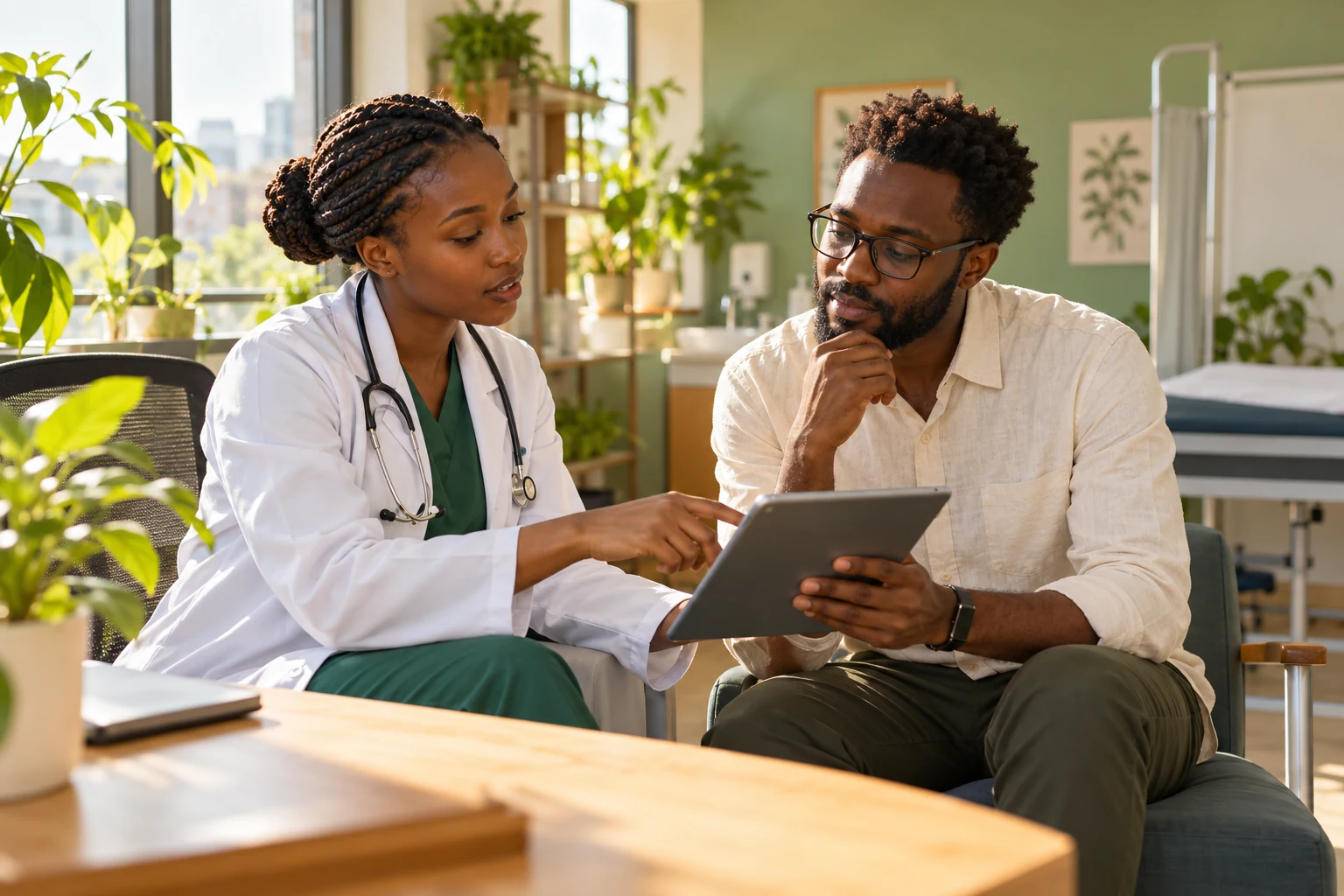 Editorial concept of a clinician and researcher collaborating on healthcare