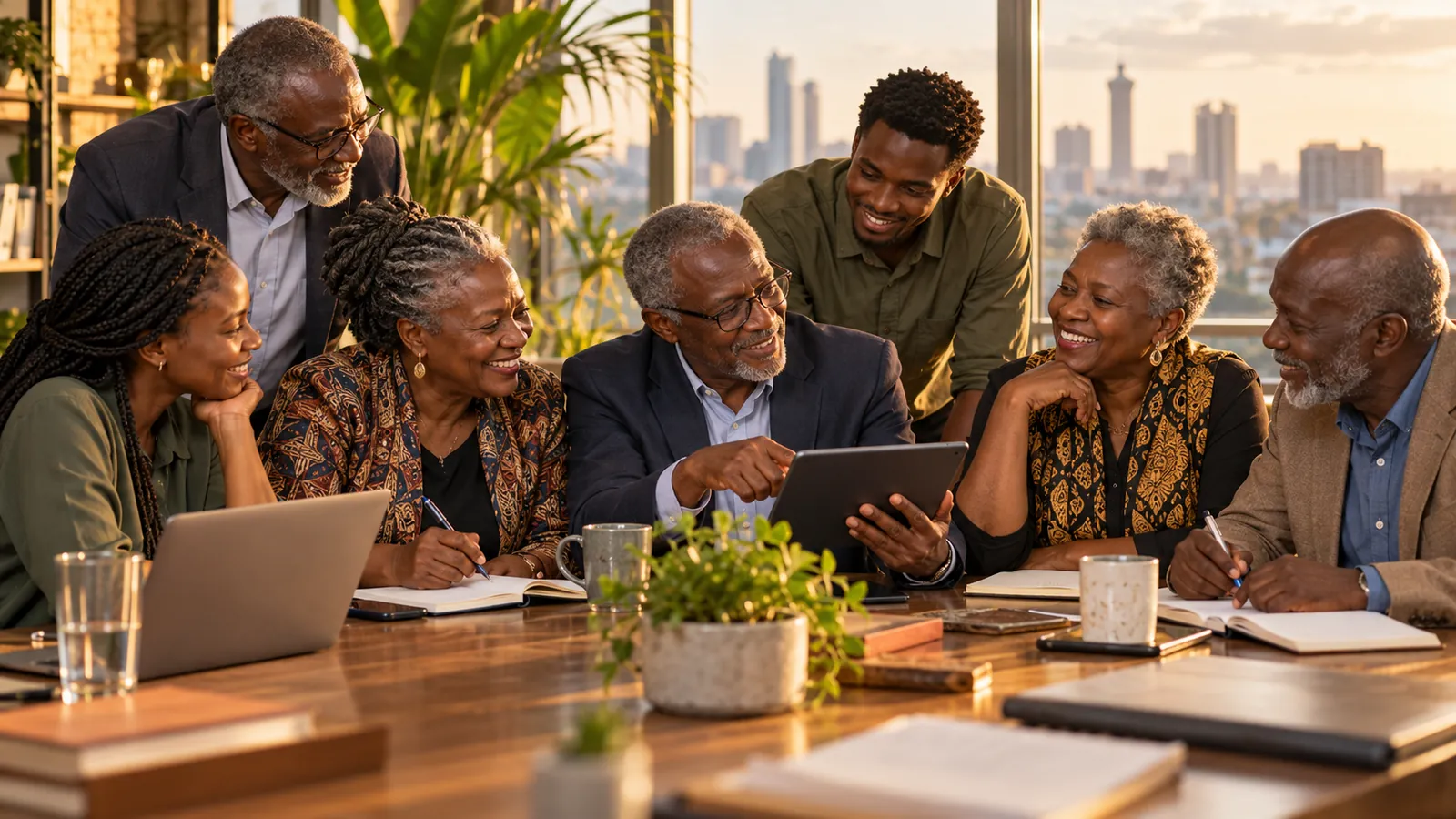 AI-generated illustration of a small mixed-age group of colleagues gathered around a table, one of them pointing at a tablet