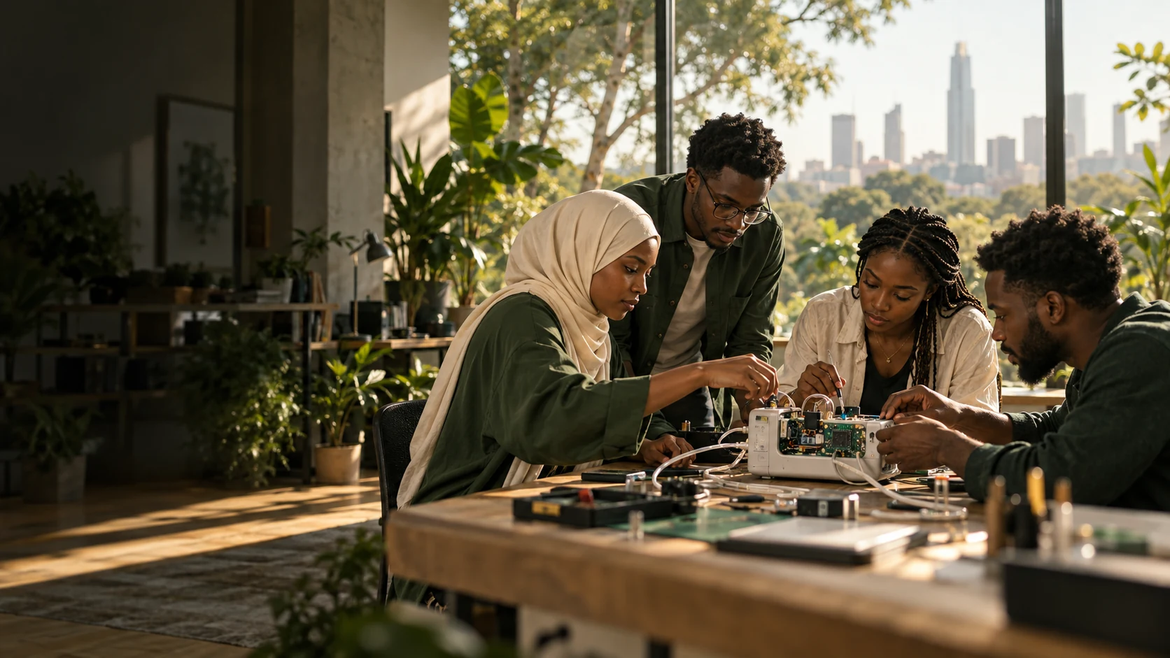 Editorial concept of African engineers collaborating on a healthcare device in a sunlit Nairobi studio