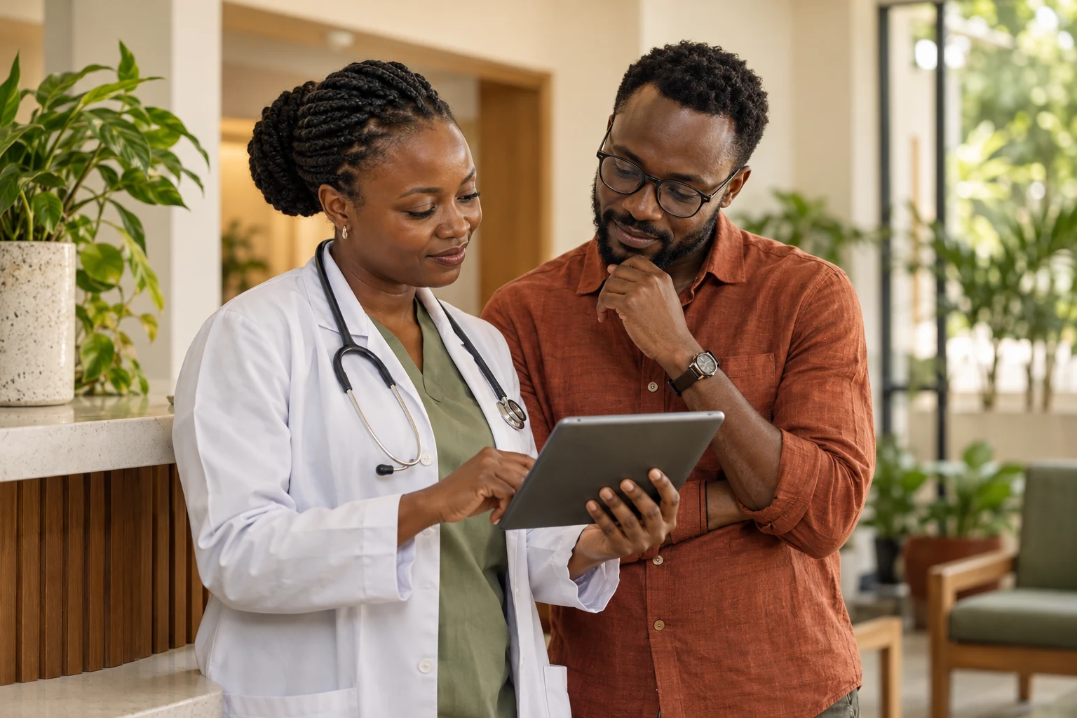 Editorial concept of a clinician and engineer discussing a tablet in a clinic