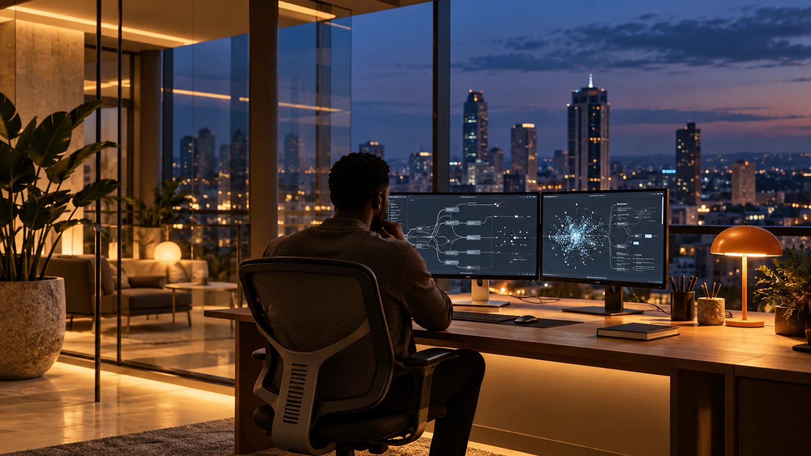 Editorial concept of a systems engineer in a Nairobi workspace at dusk