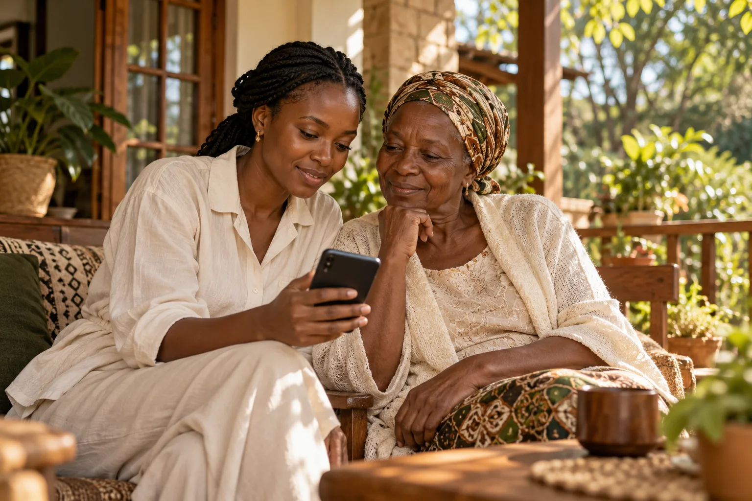 AI-generated illustration of a Kenyan daughter and mother sharing a conversation over a phone
